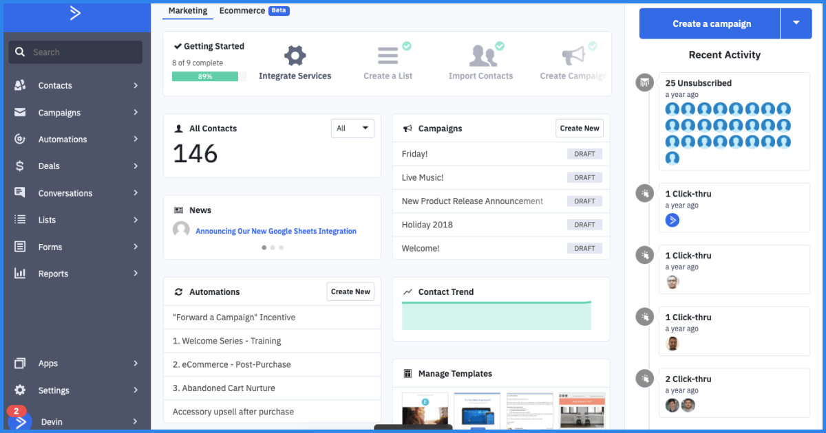 The image shows a marketing dashboard with sections for managing contacts, campaigns, automations, and recent activity. It includes options to create campaigns, lists, and view contact trends and engagement statistics