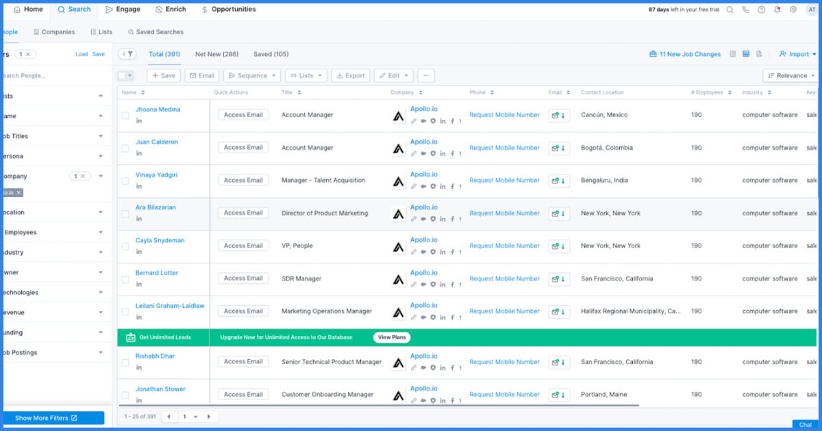 The image shows the "Opportunities" section of the Apollo.io platform, displaying a list of contacts with details like name, job title, company, location, and contact information. Users can take actions such as sending emails, requesting mobile numbers, and saving or exporting data