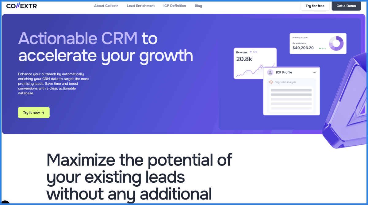 The image shows Collextr's CRM website, offering tools to enrich data, target promising leads, and maximize lead potential. It emphasizes saving time and boosting conversions with an actionable, clear database and ICP analysis.