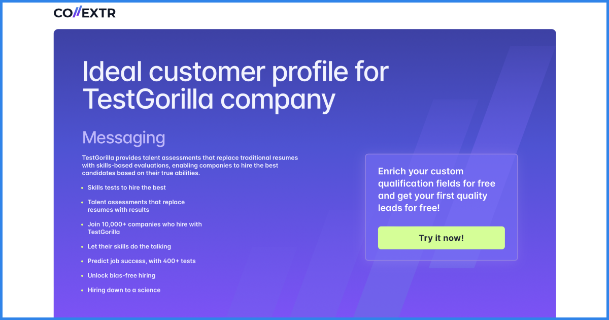 A graphic titled "Ideal customer profile for TestGorilla company" highlights messaging points for TestGorilla, a talent assessment provider. Key phrases include skills-based hiring, bias-free assessments, and predictive job success, with a call-to-action offering free lead qualification enrichment