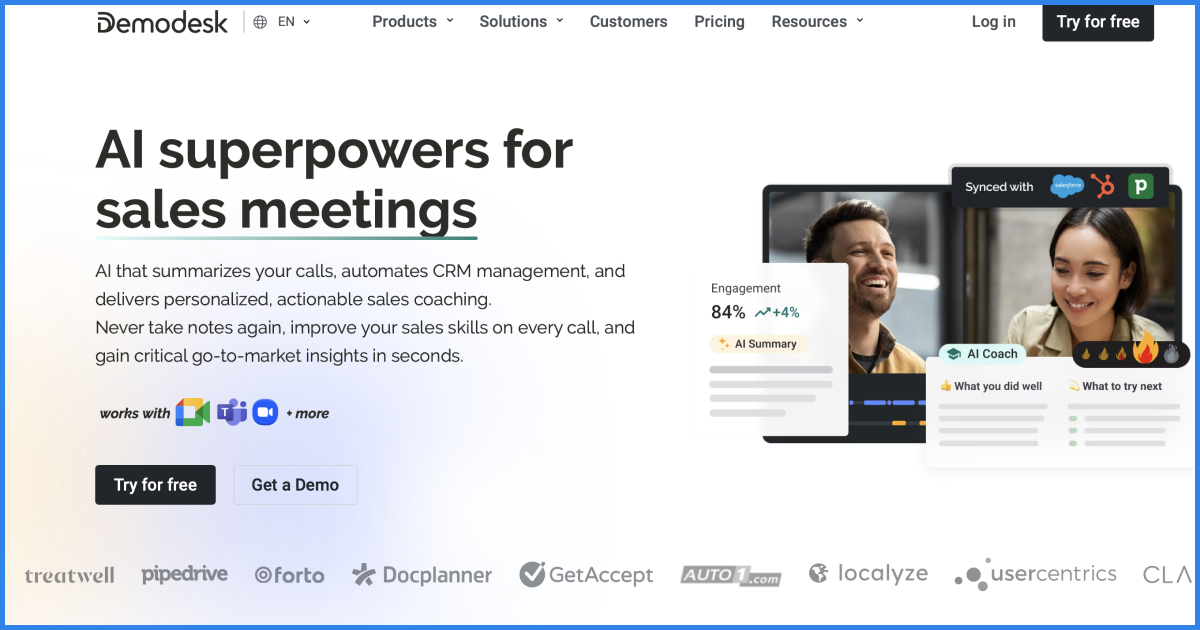 The image shows the Demodesk website, offering AI tools for sales meetings, including call summarization, CRM automation, and personalized coaching. It features a "Try for Free" button and showcases integrations with various platforms