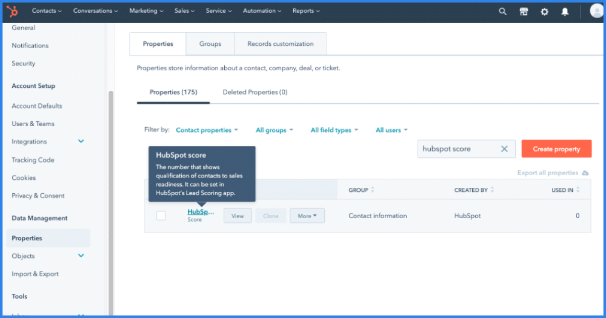 The image shows the "Properties" section in HubSpot's account setup, where users can manage contact, company, deal, or ticket information. It highlights the "HubSpot score" property, which measures a contact's qualification for sales readiness, with an explanation of its purpose and usage