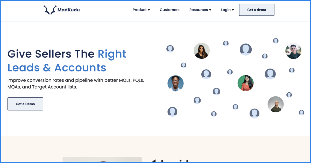 The image shows the MadKudu website, promoting a solution to help sellers target the right leads and accounts. It emphasizes improving conversion rates and pipeline efficiency through better MQLs, PQLs, MQAs, and Target Account lists, with an option to request a demo