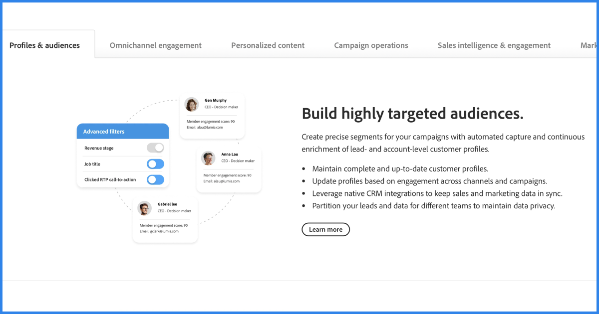 The image showcases a platform for building targeted audiences using advanced filters like job title and revenue stage. It emphasizes maintaining up-to-date customer profiles, updating based on engagement, and syncing sales and marketing data for precise campaign segmentation